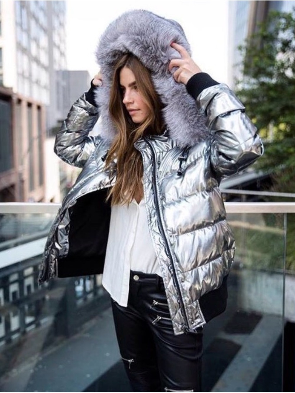 jocelyn Metallic Silver Hooded Puffer Jacket with Faux Fur Trim